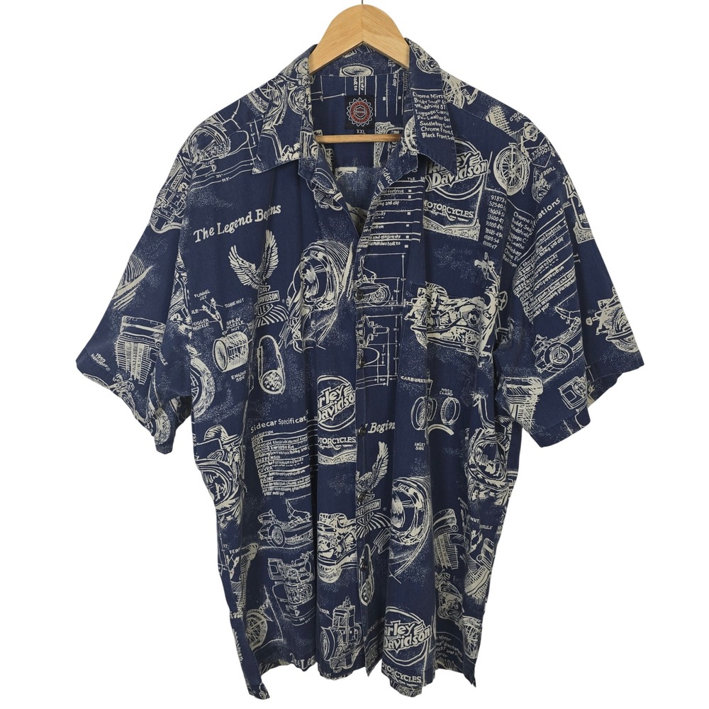 Harley-Davidson Mens XXL Blueprint Graphic Shirt Navy Blue The Legend Begins USA